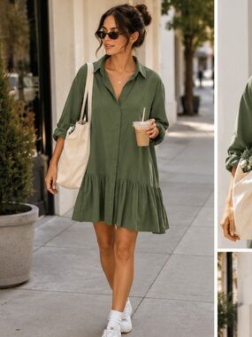 Zara Olive Green Button-Front Ruffle Hem Shirt Dress